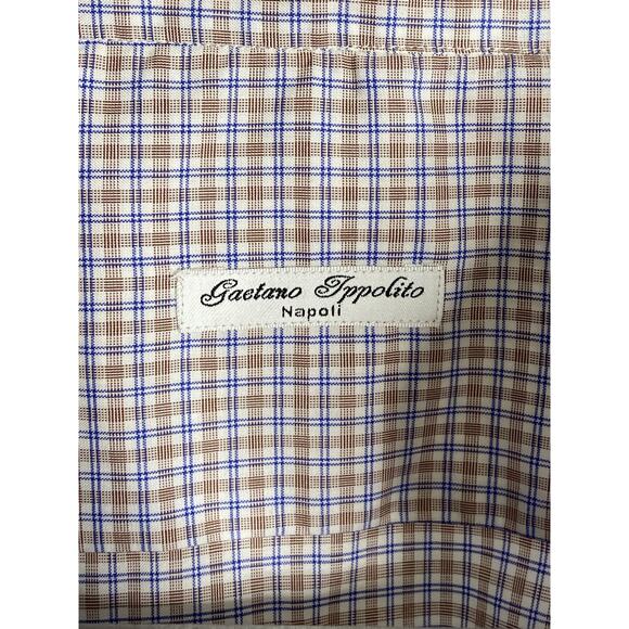 Gaetano Ippolito Napoli Plaid Button Up Long Sleeve Dress Shirt Blue Brown 17/43 - Picture 6 of 7